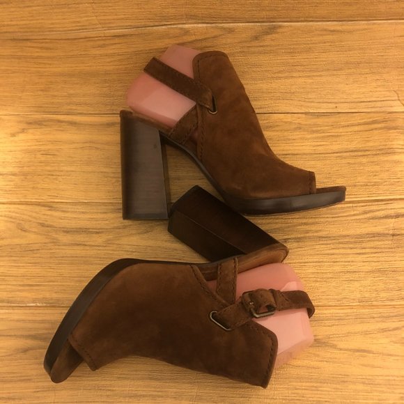 Frye Dani Shield Sling Peep Toe Ankle leather suede cognac tan Booties, 9.5 - Picture 3 of 16